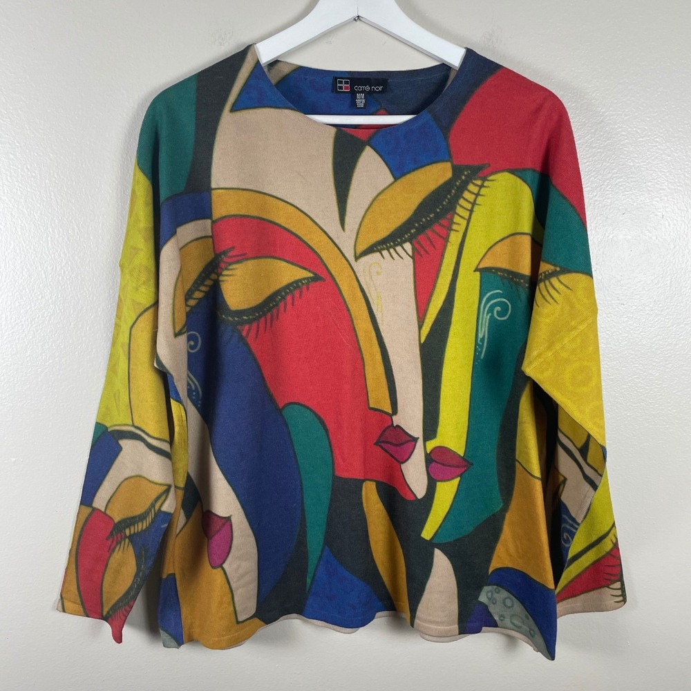 Carre Noir Women's M Sweater Multicolor Abstract Face Art‎ to Wear
